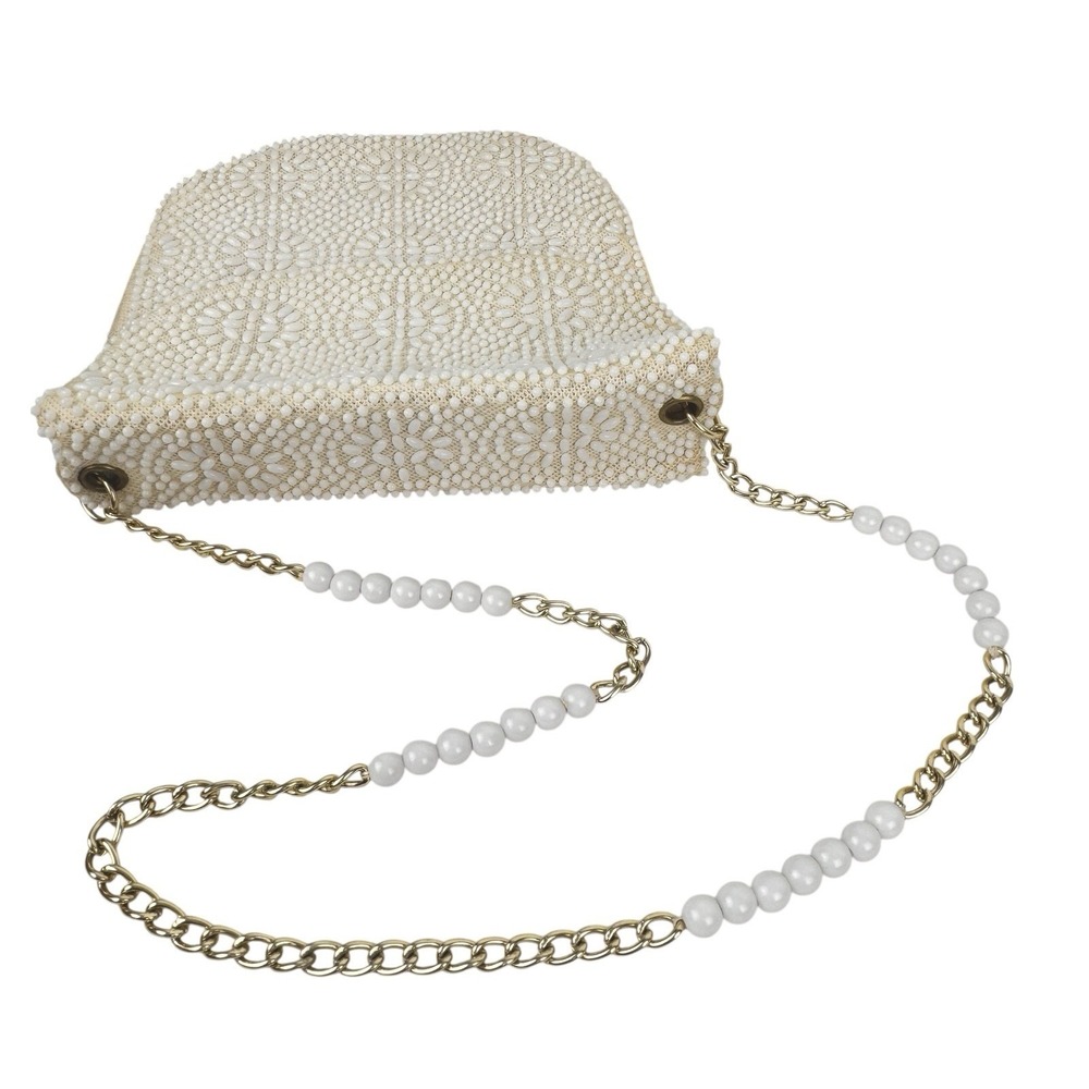 VTG Beaded Purse Ivory Gold Shoulder Chain Evening Retro Elegant Formal 50s 60s - Picture 7 of 16